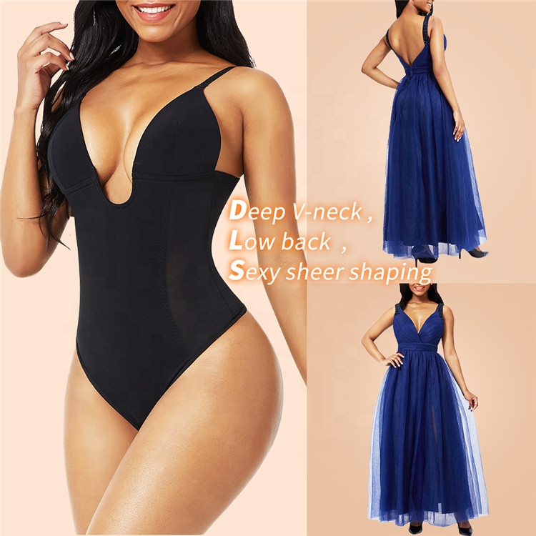 FEESHOW Sexy U Plunge Backless Deep V Plunging Dress Clear Strap Thong  Shapewear Body Suit