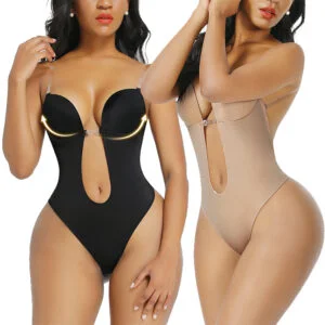 Deep V Neck Backless Body Shaper Bra Bodysuit Thong Shapewear Women Nude  Black Invisible Tummy Control Underwear Weddin size XXL Color White