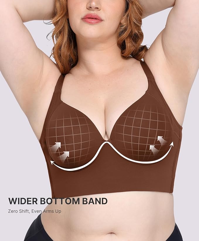 Back Smoothing Seamless Push-Up Bra for Women - Full Coverage Longline T-Shirt Bra, Wide Adjustable Straps, 4x7 Hook-and-Eye, Side Boning, 3D Molded Cups - Sizes 34-48 B-DD - Black/Brown/Beige - Image 6