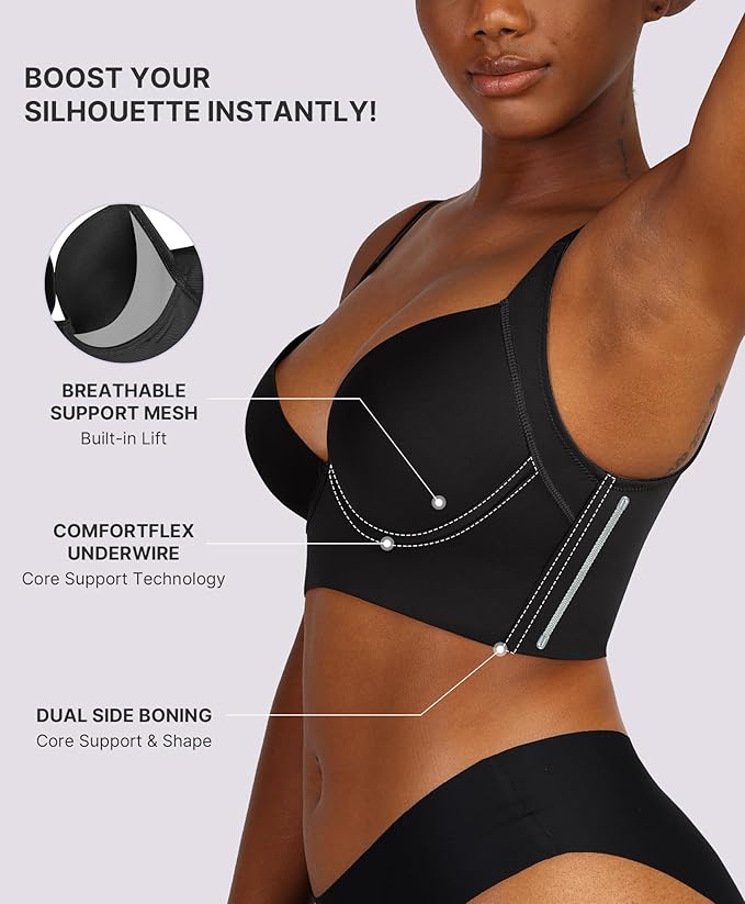 Back Smoothing Seamless Push-Up Bra for Women - Full Coverage Longline T-Shirt Bra, Wide Adjustable Straps, 4x7 Hook-and-Eye, Side Boning, 3D Molded Cups - Sizes 34-48 B-DD - Black/Brown/Beige - Image 3