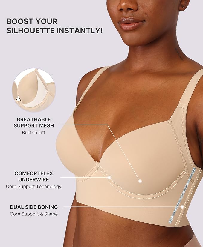 Back Smoothing Seamless Push-Up Bra for Women - Full Coverage Longline T-Shirt Bra, Wide Adjustable Straps, 4x7 Hook-and-Eye, Side Boning, 3D Molded Cups - Sizes 34-48 B-DD - Black/Brown/Beige - Image 2