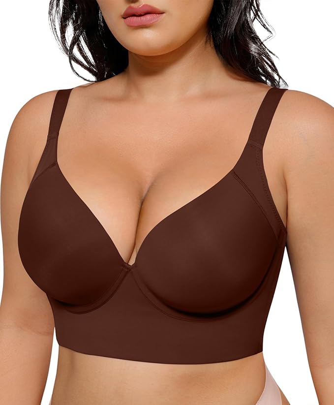 Back Smoothing Seamless Push-Up Bra for Women - Full Coverage Longline T-Shirt Bra, Wide Adjustable Straps, 4x7 Hook-and-Eye, Side Boning, 3D Molded Cups - Sizes 34-48 B-DD - Black/Brown/Beige - Image 4