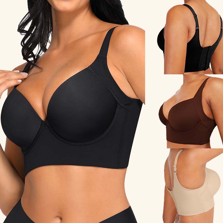 Back Smoothing Seamless Push-Up Bra for Women - Full Coverage Longline T-Shirt Bra, Wide Adjustable Straps, 4x7 Hook-and-Eye, Side Boning, 3D Molded Cups - Sizes 34-48 B-DD - Black/Brown/Beige - Image 9