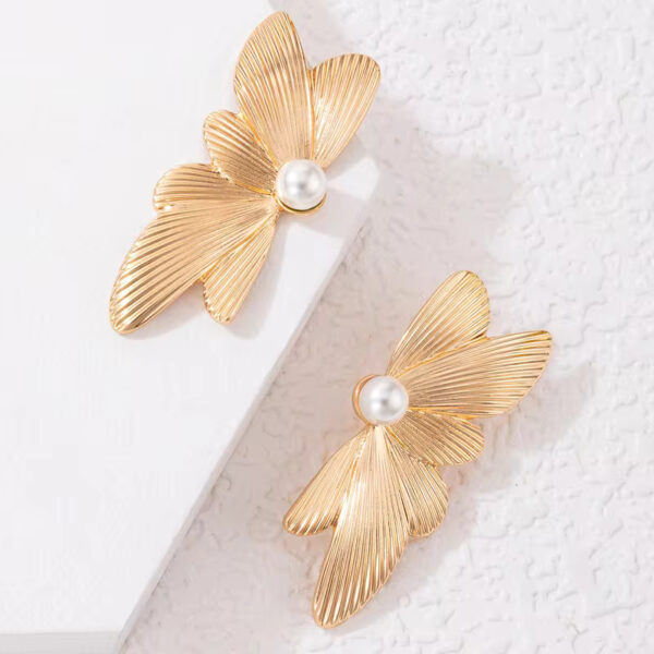 Gold-Plated Butterfly Statement Stud Earrings for Women Earrings with Pearl Inlay - Image 3